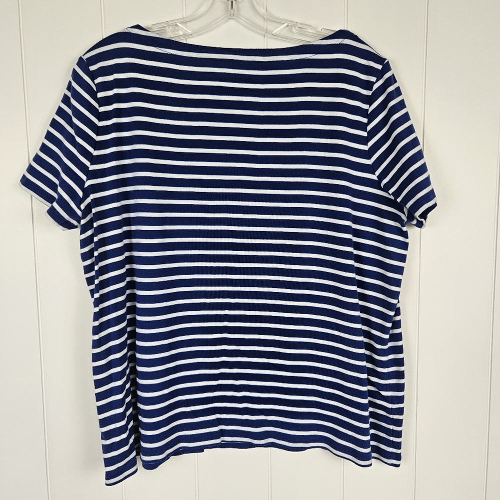 Talbots Short Sleeve Shirt Blue White Stripe Beaded Pink Fish Coastal Beach 2x - Picture 4 of 6
